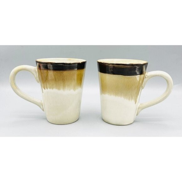 Tabletops Lifestyle Filmore 2 Coffee Mugs Brown Drip Glaze Beige Cups Farmhouse - Picture 2 of 5